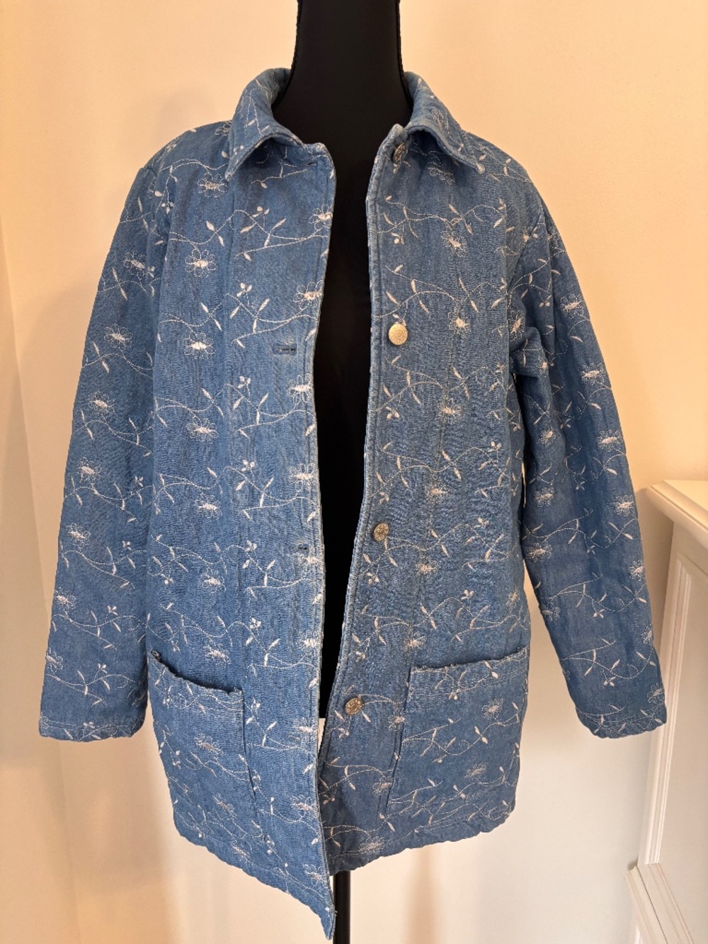 Denim & Co Denim Coat with White Flower Embroidery Pockets Button Front Small